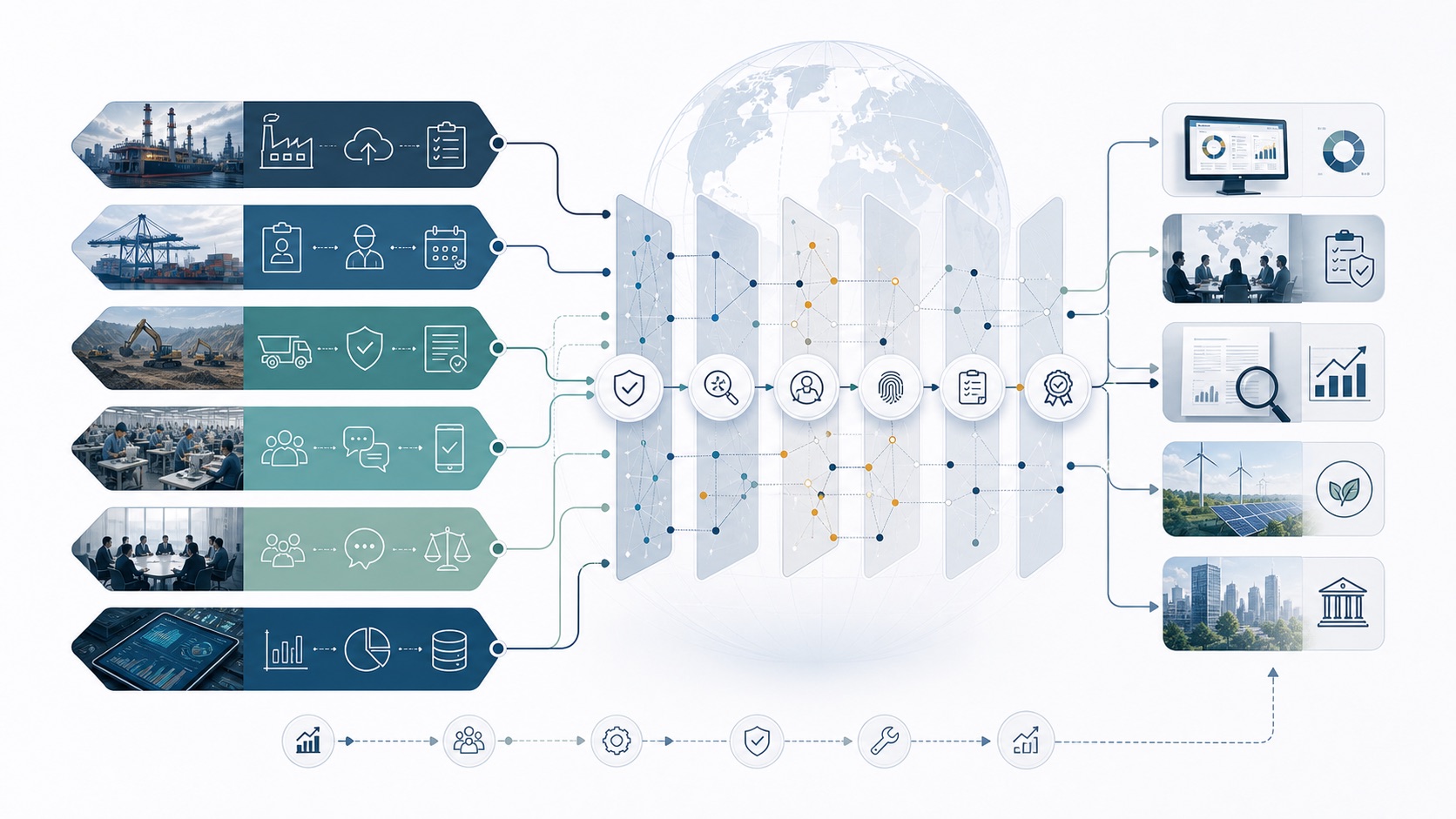 Evidence moving from operations and stakeholders through verification layers to decisions and reporting