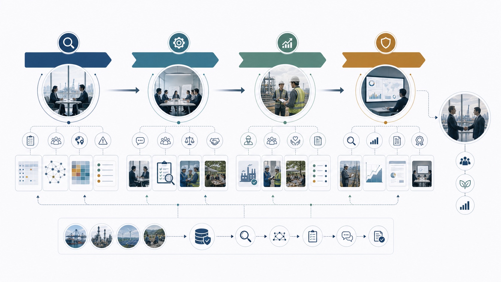 A structured project process connecting assessment, dialogue, implementation, and monitoring